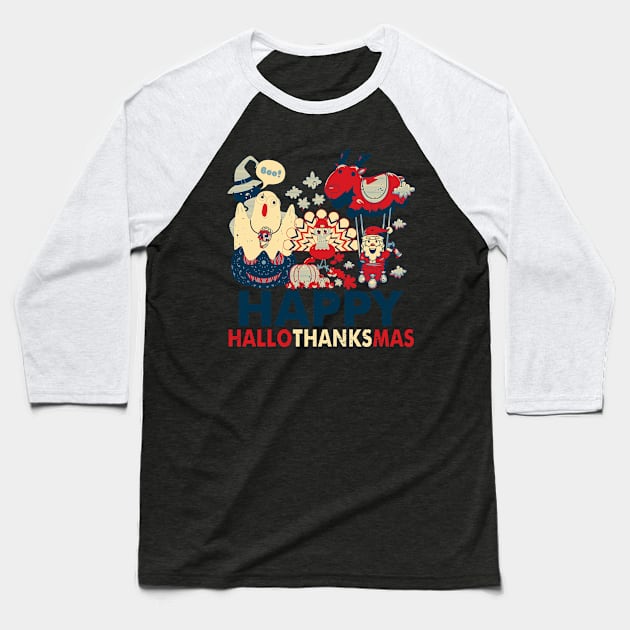 Retro Happy Hallowthanksmas for Halloween Thanksgiving Xmas Baseball T-Shirt by alcoshirts